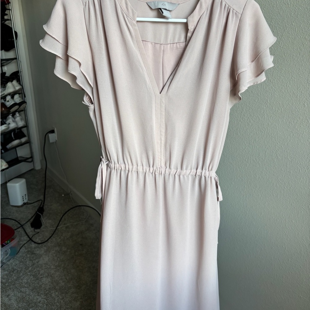 H&M Soft Pink Midi Dress with Ruffle Sleeves